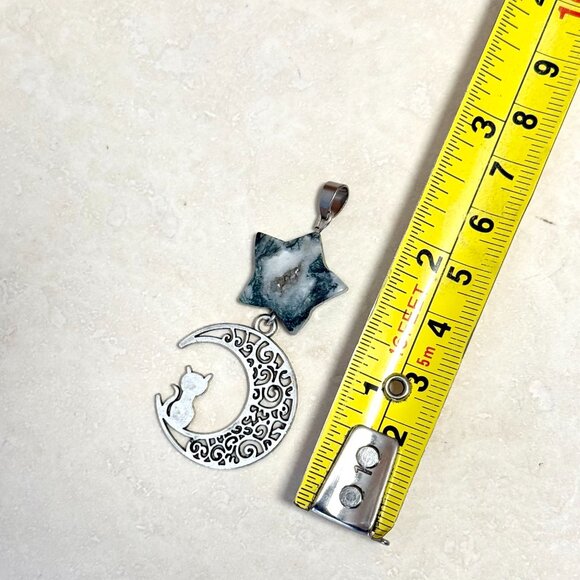 2/$20, Genuine White Green Tree Agate Star & Silver Cat on the Moon Pendant - Picture 9 of 11